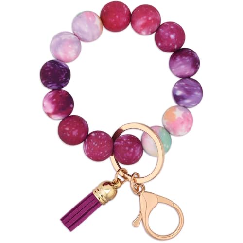 BAOSIWA Silicone Beaded Keychain Wristlet Key Ring Bracelet Cute Car Key Chain Holder for Women Girls - color: Galaxy