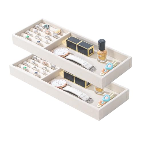 2Pcs Desk Drawer Storage Tray, Nightstand Organizer, Necklace Bracelet Ring Earring Jewelry Display, Grid Table Organizer Holder for Sunglass, Phone, Watch, Perfume (2 grid)/Beige - color: Beige, size: 2 Grid