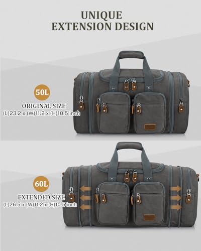 Gonex Duffle Bag for Travel, Expandable 60L Overnight Weekender Gym Bag | Water-Resistant Canvas, Wet-Dry Pocket, Luggage Sleeve, Carry-On Size, Detachable Strap, Grey - color: Grey, size: X-Large-60l