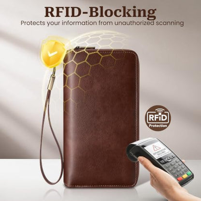 Tipmile Wristlet Wallet Women, RFID Blocking Card Holder Clutch Purse | Large Capacity, Grip Hand & Detachable Wrist Strap, Dual-Zipper, Ladies Gift, Brown - color: Brown