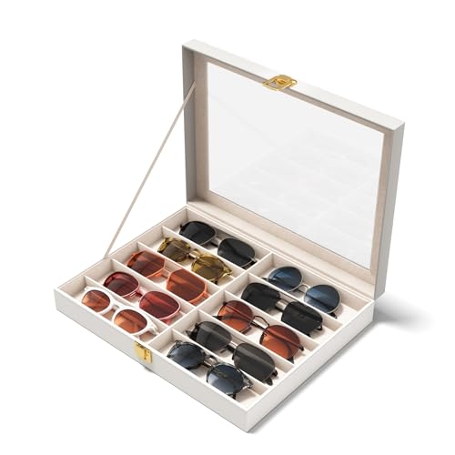 NEWLOOP 10/30 Slots Sunglass Organizer for Multiple Pairs of Eyeglass See-through Display Case Storage Box for Women Men - color: 1 Layer With 10 Slots, White