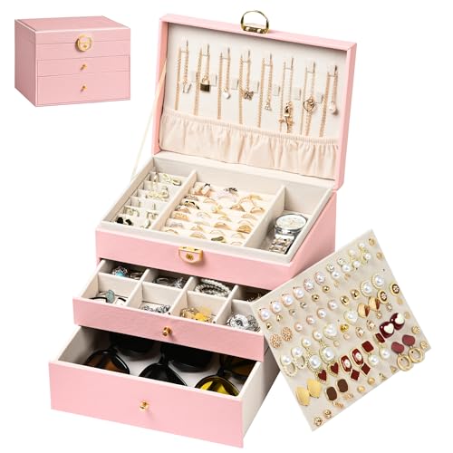 Jewelry Box, 3 Layers Leather Jewelry Storage Display Box for Women, Gift Case, 2 Drawers, Large Capacity for Necklace Earrings Bracelets Rings, Pink - color: Pink