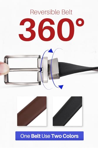 Men’s Casual Leather Belts - Reversible Belts For Men - Dual Side Adjustable buckle Dress Pants Mens Belts - color: Silver Round Buckle - Reversible Leather Belt, size: 34" - 36" Waist Adjustable