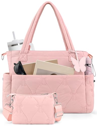 Puffer Tote Bag for Women, Lightweight Quilted Puffy Work Handbag with Zipper & Water Bottle Pocket for Teacher, Office - color: Pink
