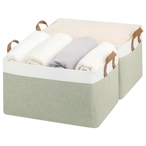 StorageWorks Closet Storage Bins, Green and White, Extra Large, 2-Pack | With Reinforced PU Handles, Metal Frame, Collapsible, Storage Basket for Shelves, Closet, Holds Clothes, Towels, Blankets - color: Green and White, size: 19" L x 13 ¼" W x 11" H