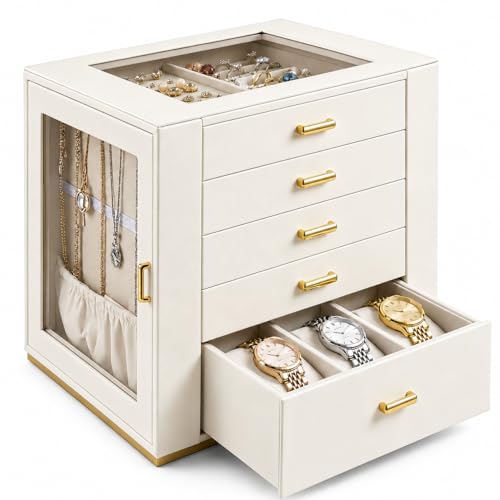 GUOER Jewelry Box, 5-Layer Jewelry Organizers and Storage Beige | Clear Side Doors & Necklace Hooks – Large Capacity PU Leather Case with Acrylic Lid for Rings Earrings, Gift for Women - color: Beige