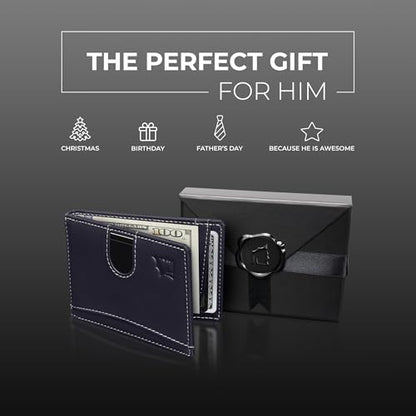 Kingly Cash Clip Slim Leather Wallet for Men with RFID Blocking, Navy Blue | Money Clip & Front Pocket Bifold, Quick Access with Pull Tab, Holds 12 Cards, Durable Lightweight Design, 12-Month Guarantee - color: Navy Blue