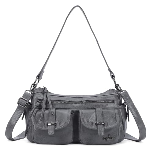Angel Kiss Hobo Purses for Women Crossbody Shoulder Bag Ladies Multi Pocket Handbags with Adjustable Shoulder Strap | Soft Vegan Leather - color: Grey