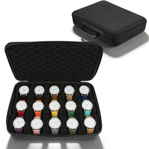 15 Slots Watch Case Premium Watch Cases for Men with Pillows Hard Travel Storage Box Fits Watches Up to 60mm