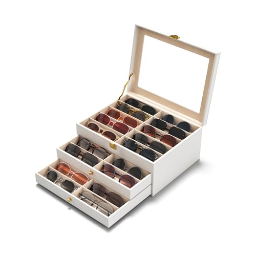 NEWLOOP 10/30 Slots Sunglass Organizer for Multiple Pairs of Eyeglass See-through Display Case Storage Box for Women Men - color: 3 Layers 30 Slots, White