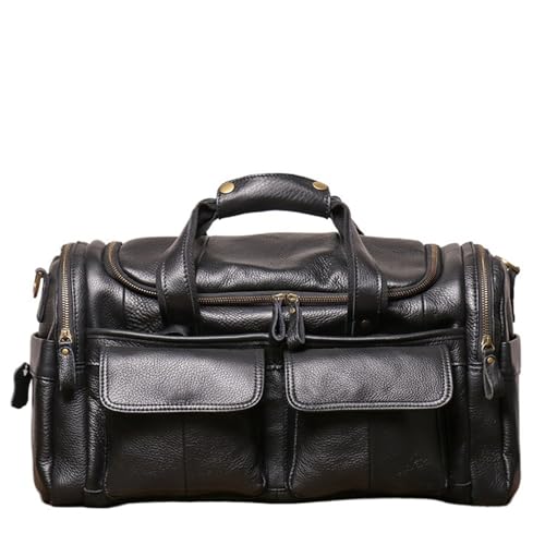 Full CowhideLeather Large duffel bags for men holdall leather travel bag overnight gym sports weekend bag (black) - color: black