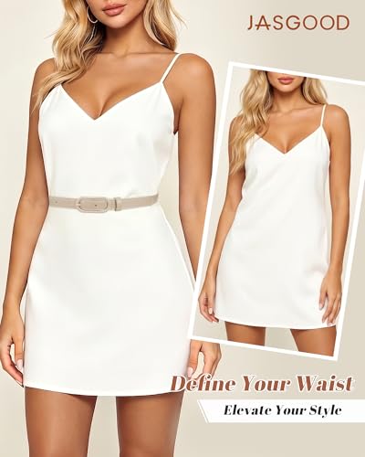 JASGOOD Women Skinny Belt for Jeans Dresses Fashion Thin Waist Belt with Oval Pin Buckle 0.7" Width - color: Beige, size: Fit waist size 32''-36''