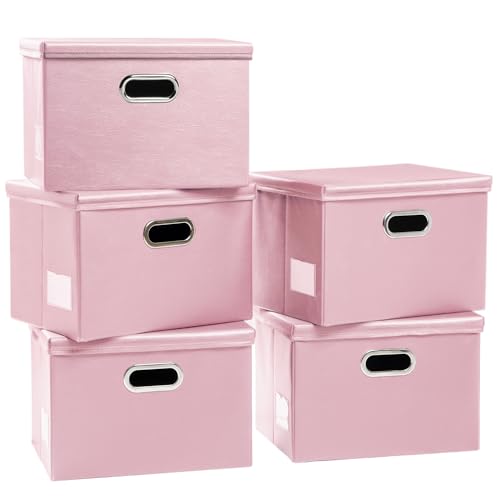 Foldable Storage Bins with Lids [5-Pack] Leather Fabric Collapsible Storage Boxes Organizer Containers Baskets Cube with Cover for Bedroom Closet Office Nursery Pink (14.9x10.8x10) - color: Pink, size: Medium(5-Pack)