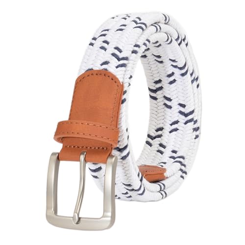 Elastic Woven Golf Belt Men – Braided Stretch Belts for Men, No Hole Adjustable Nylon - color: White and Dark Blue, size: 40-42