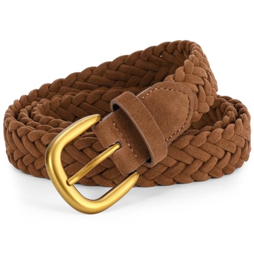 XZQTIVE Women’s Braided Suede Belt – Adjustable Woven Waist Belt with Gold Buckle for Dresses, Jeans & Casual Outfits - color: Brown, size: Small: fits waist from 28"-33"