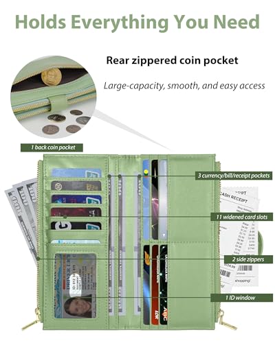 Green Women's Slim Wallet,Thin RFID Card Holder with Zipper Pocket | 12 Slot Wallet Organizer, Large Capacity, Vegan Leather, Coin Purse, Cash Compartment, Travel Wallet, Women Gift - color: Green, size: Bifold