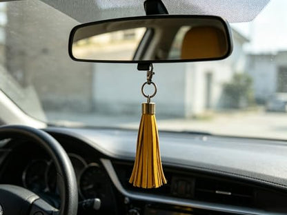 Genuine Leather Tassel Keychain, Brown Decorative Bag Charm, Brass Hardware - color: Yellow