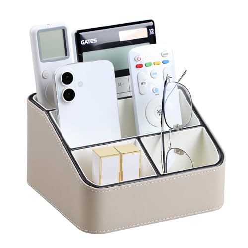 PU Leather Remote Control Holder, Nightstand Organizer with 4 Compartments | Luxury Desk Caddy with Velvet Lining, Small Desk Organizer for Living Room, Bedroom, Bedside, End Table, 6.8" x 6.7" x 4" - color: Beige