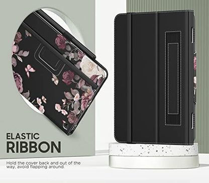 MoKo Case Fits Kindle Fire HD 8 & 8 Plus Tablet 8", Purple Flowers on Black | Slim Folding Stand Cover for Fire HD 8 12th/10th Gen, 2024/2022/2020, Auto Wake/Sleep, Hand Strap, Dual Angle, Pen Loop - color: purple flowers on black