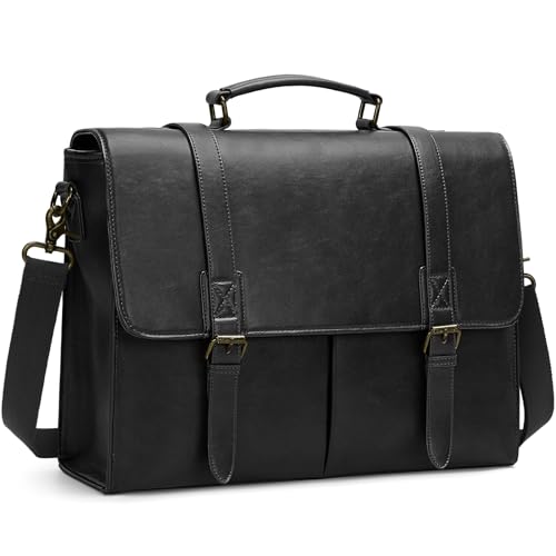 RAINSMORE Messenger Bag for Men 15.6 Inch Vintage Leather Briefcase Waterproof Laptop Bag Large Satchel Office Work Business College Computer Bag, Black - color: Black