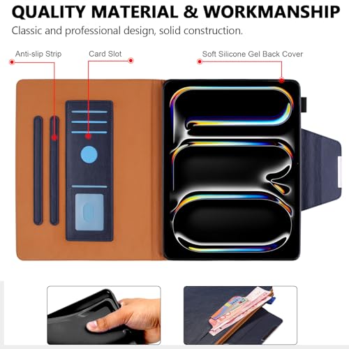 Folio Case for iPad Pro 11-inch M5 2025/M4 2024, Techcircle Anti-Slip Stand PU Leather Soft TPU Back Magnetic Smart Cover with Pencil Holder + Card Slots + Front Pocket, Auto Sleep/Wake, Navy - color: 02 Navy, size: iPad Pro 11 2024-2025