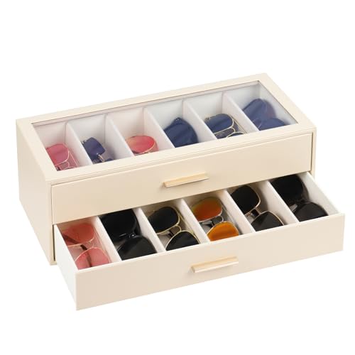 AUTORK PU Leather Sunglasses Organizer Case,2-Layer 12 Slot,Beige,MKAWA02 | Glass Top,With Lock & Drawer,Eyeglass Display Box,Jewelry Storage Holder,for Men Women,Ideal Gift for Desktop - color: Beige