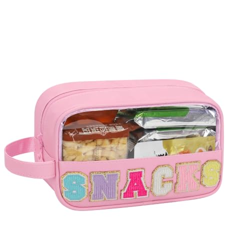 Snack Bag Clear Pouch Makeup Travel Toiletry Bag,Waterproof Clear Embroidery Letters Cute Cosmetic Tote Bag for Women Girls,PU Leather (Pink, Small) - color: Pink, size: Small