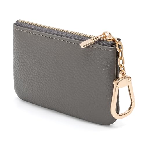Full Grain Leather Coin Purse with Key Chain - Small Change Purse Keychain Card Holder Keychain Pouch Small Keychain Wallet for Women and Men (Gray) - color: Gray, Regular Size