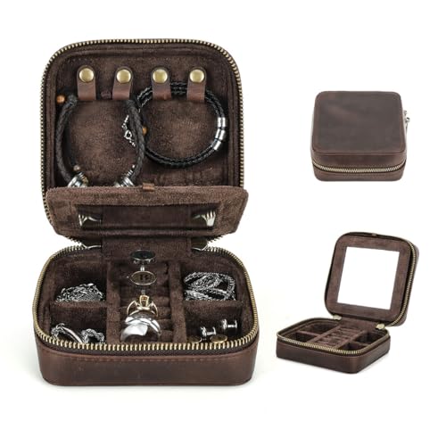 CONTACTS Full Grain Leather Jewelry Box Travel Jewelry Storage Organizer for Men Portable Case for Cufflinks Ring Necklace Earrings with Mirror, Square+mirror, Coffee - size: Square+mirror