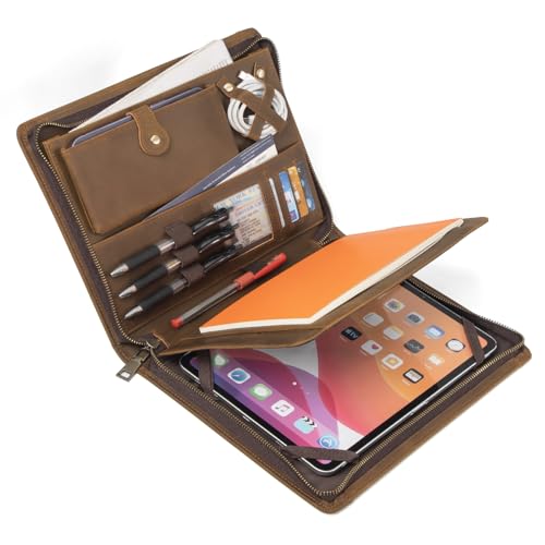 Genuine Leather Portfolio with Zipper for Men/Women, Padfolio Business Resume A4/Pad, Folder Organizer, with Document Pocket, ID Window, Card Slots, Pen Holders (Brown) - color: Brown