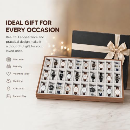 LOYALHEARTDY 30 Grid Watch Jewelry Tray Organizer Wooden Box Organizer Display Tray Watch Bracelet Display Holder with Removable Pillow for Men & Women Storage and Display