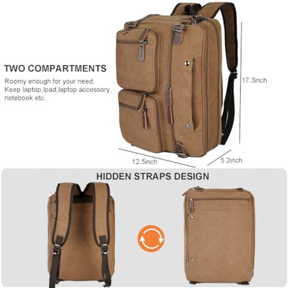 CROCOD 3 In 1 Canvas Convertible Laptop Bag for Men Women, 17.3 inch Laptop Messenger Bag Work Briefcase, Computer Shoulder Bag for Travel Business Office (17.3 Inch, Coffee) - color: Coffee
