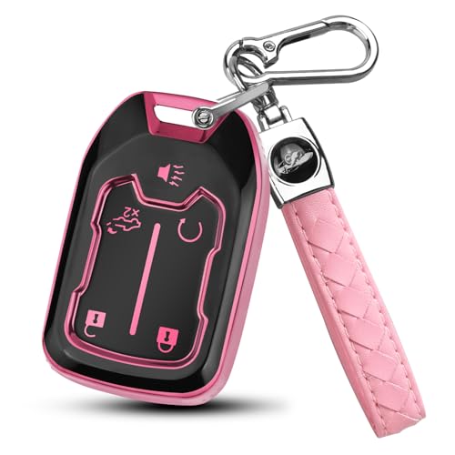 FT FUNTOR for GMC Key Fob Cover with Keychain | Compatible with 2017-2024 Chevy Silverado GMC Sierra Terrain Acadia 1500 2500HD 3500HD, 5-Button, Soft TPU Material - color: Pink
