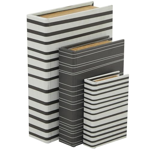 Deco 79 Faux Leather Decorative Box Faux Storage Book Book Shaped Boxes with Black Striped Patterns, Set of 3 Decorative Keepsake Boxes 12", 9", 6"H, White - color: White, size: 12", 9", 6"H