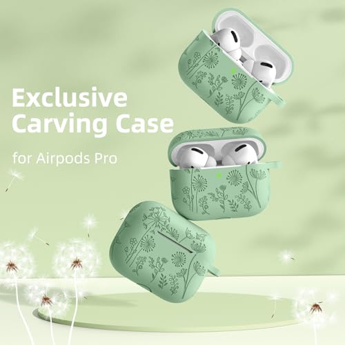 Lerobo for AirPods Pro 2 Case, Soft Silicone Cover with Keychain for Women | Engraved Flower, Scratch & Dust Resistant, LED Visible, Shockproof, Compatible with Apple AirPods Pro Case Cover, Grass Green - color: Grass Green