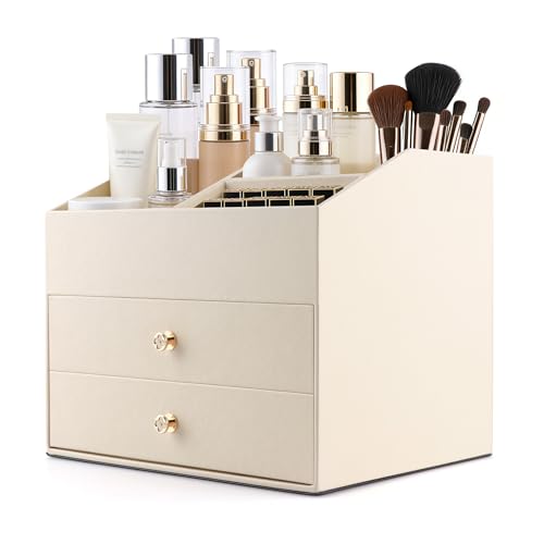 Homeanda Makeup Organizer with Drawers, PU Leather Cosmetic Storage Box Large Cosmetic Display Case for Skincare, Lipstick, Brushes, Bedroom Storage(Beige) - color: Beige