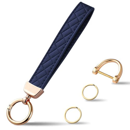 Weixiltc Quilted Leather Wristlet Keychain, D-Ring Car Key Holder | Quilted faux leather & gold hardware. D-ring for car keys + 2 split rings. Hands-free, anti-loss for commute & travel - color: Navy