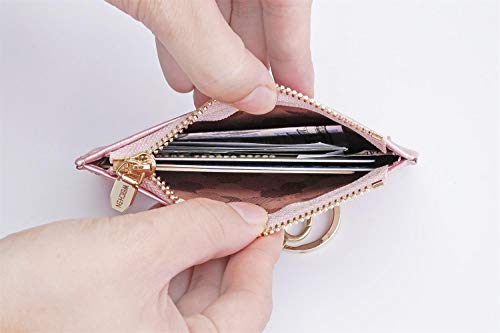 Small Wallets for Women Slim Leather Card Case Holder Wallet Coin Change Purse with Keychain - color: Pearized Pink