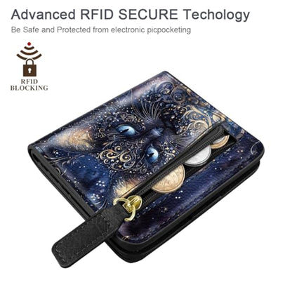 Small Womens Cat Wallet Thin Credit Card Holder Pocket Mini Purse | Compact Slim Women RFID Blocking Bifold Black Cat Leather Wallets Ladies Pocket Card Holders for Travel & Daily Use - color: Black Cat