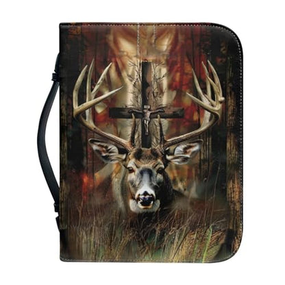 Leather Bible Cover, Carrying Bible Book Bag Church Case,Bible Protective with Handle for Men Women,Gothic Style Deer and Cross,Large - color: Gothic Style Deer and Cross, size: Large