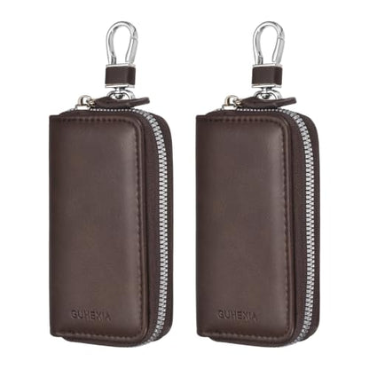 PATIKIL 2Pcs Car Key Case Brown Key Fob Protector Fob Holder Metal Hook | Keyring, Zipper Bag, Leather, with Swivel Snap Hook, Suit for Men and Women