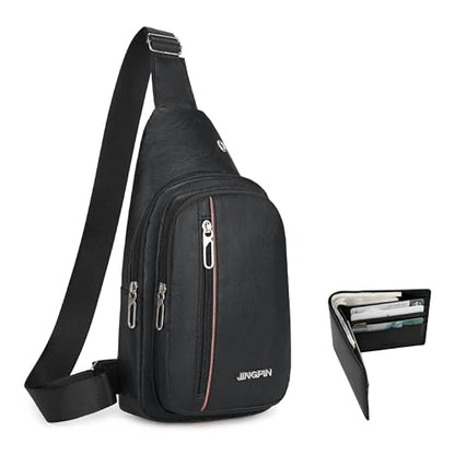 Sling Bag Set, PU Leather Sling Bag, Multi-Zipper Design for Travel, Outdoors, Valentine’s Day Gifts - color: 02-black