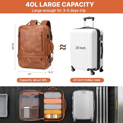 Travel Backpack Women, PU Leather Carry On Backpack Flight Approved, Brown - color: Brown