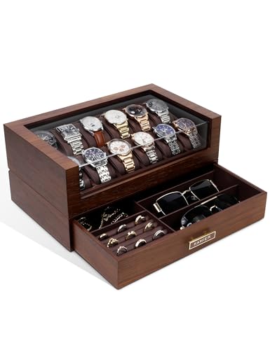 High End Watch Box for Men, 12 Slot Wooden Watch Case With Drawer | Watch Display Box with Lid, 2-Layer Watch Holder for Jewelry and Watch Storage for Men Women , Ideal for Gift (With Gift Box) - color: Walnut