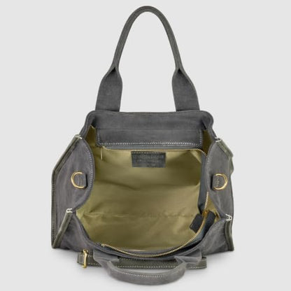 Italian Genuine Suede Tote Bag for Women with Adjustable Strap & Leather Trim | Structured Medium Shoulder Purse - color: Pewter