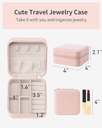 VLANDO Travel Jewelry Case, Compact Design, Necklace Hook, Anti-Tangle | Removable Dividers, Waterproof PU Leather, Scratch-Resistant Lining, Portable Storage for Rings, Earrings, Necklace, Bracelet - color: A.Pink