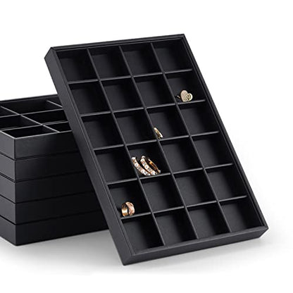 Black PU Leather 12-Grid Flat Jewelry Display & Organizer Tray | Black PU leather 12-grid divided jewelry tray, separate compartments for rings, necklaces, watches, retail & dresser display - style: 12 Grids