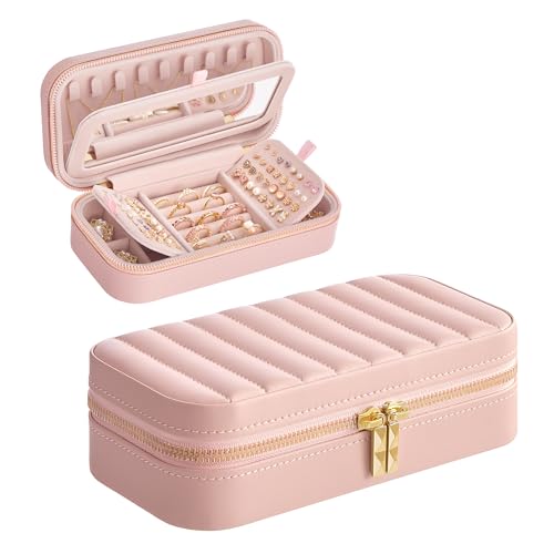 SONGMICS HOME Travel Jewelry Case, Portable Box Organizer with Mirror | Small Jewelry Box, 8.1 x 4.1 x 2.4 Inches, PU Surface with Stitching, Gift Idea, Jelly Pink, ANAH Collection UJBC180S01 - color: Jelly Pink, size: 8"W