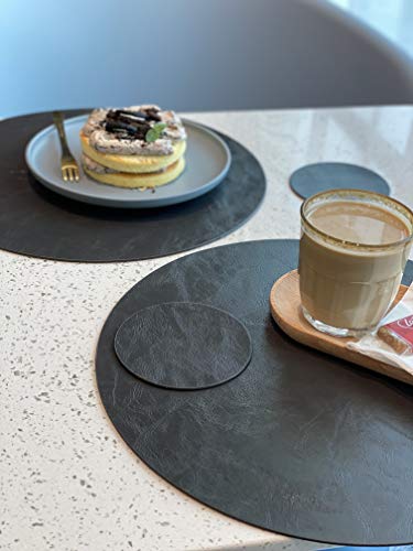 Jovono Set of 4 Round Placemats and Coasters, Faux Leather Table Mats and Desk Coasters, Plate mat Easy to Clean for Round Dining Rable, Diameter 13'' and 3.9'' Gray - color: E Graphite Grey, size: Set of 4