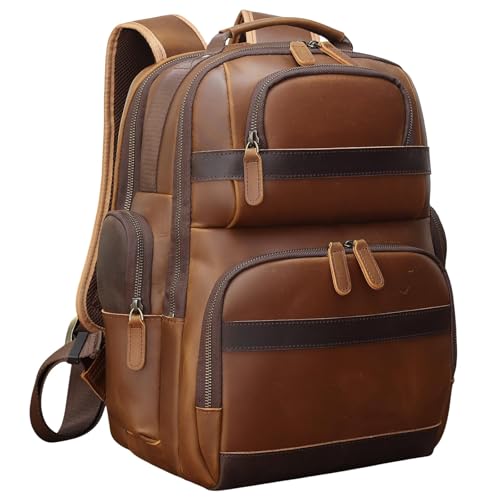TIDING Men's Leather Backpack 14" & 15.6" Laptop Business Travel Daypack | Thick Sponge Padded Laptop & Tablet Sleeves, Water Bottle Holder, Luggage Strap, Anti-theft Pocket, Large Capacity - color: Brown(fits 14" Laptop)